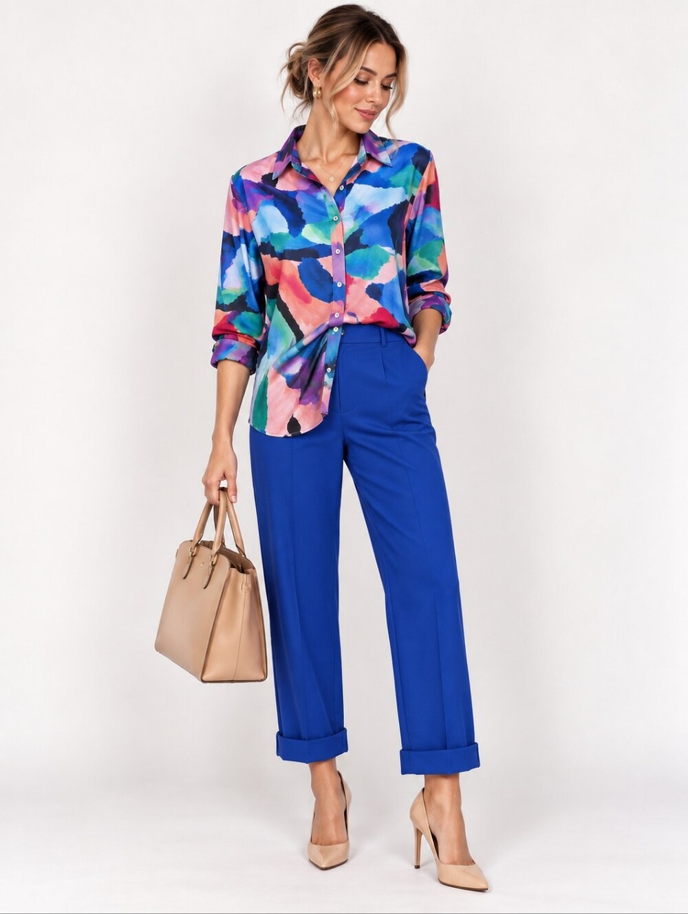 Michael Tyler Women's Abstract Print Sheer Blouse Colorful Boho Flowy Size Large